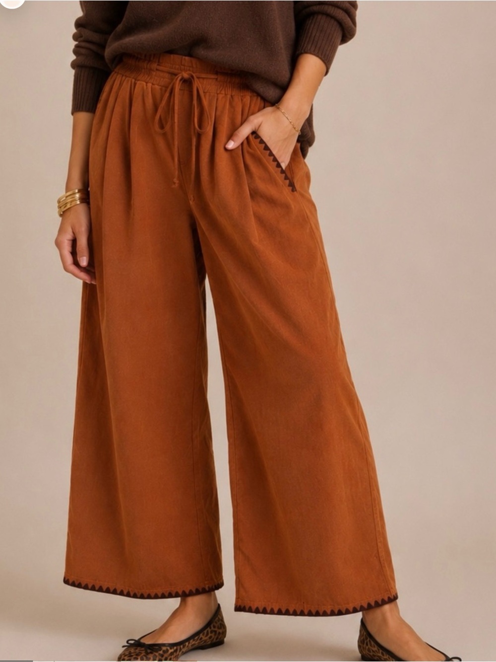 Women's Rust Wide-Leg Fine Corduroy Drawstring Pants Rust